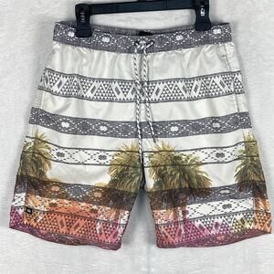 Micros Mens L White Gray Aztec Geometric Palms Swim Trunks Board Surf Shorts